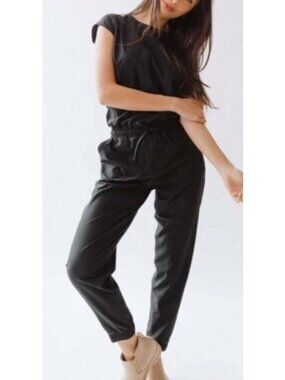 Albion Black Tall Jumpsuit Drawstring Waist Pockets Small 90% Nylon/10% Spandex